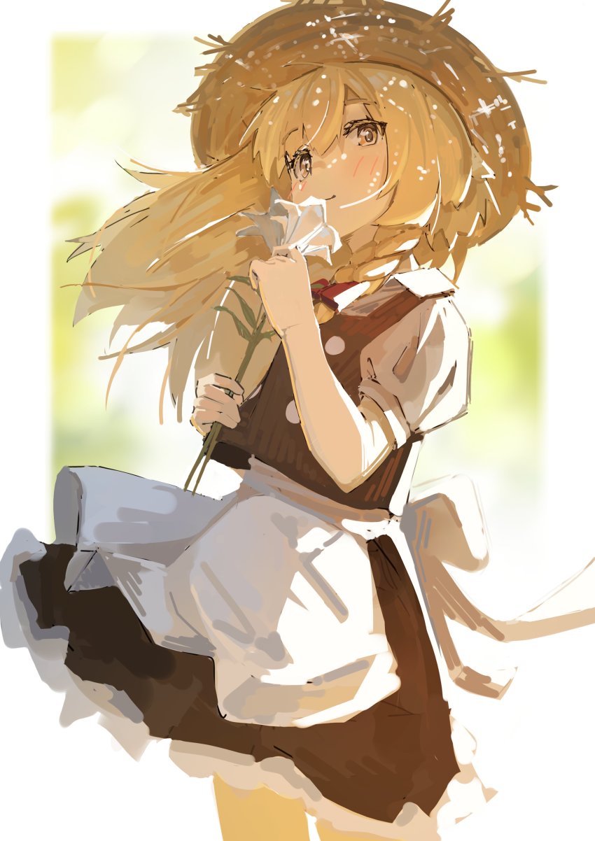 1girl absurdres apron black_skirt black_vest blonde_hair border brown_hat closed_mouth flower hat highres holding holding_flower kirisame_marisa long_hair looking_at_viewer ri-el short_sleeves skirt solo straw_hat touhou vest waist_apron white_apron white_border white_flower yellow_eyes