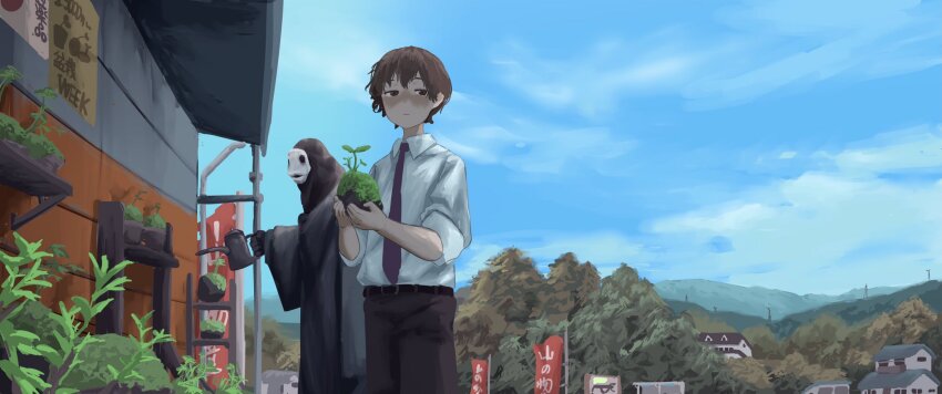 1boy 1other belt black_robe blue_sky blush building collared_shirt day garden highres holding holding_watering_can house mask necktie nose_blush original outdoors pants plant potted_plant purple_necktie robe scenery shirt shirt_tucked_in short_hair sky sleeves_rolled_up watering watering_can white_shirt wing_collar yoshiryuu