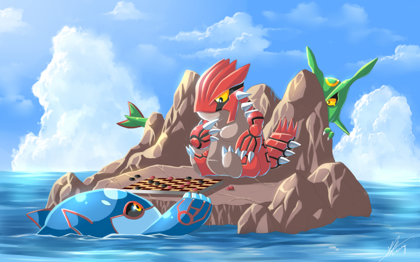 artist_request blue_sky chibi claws creatures_(company) dragon game_freak gen_3_pokemon groudon highres kyogre legendary_pokemon looking_at_another looking_at_viewer nintendo no_humans playing_games pokemon pokemon_(creature) rayquaza simple_background sitting sky tail thinking wings