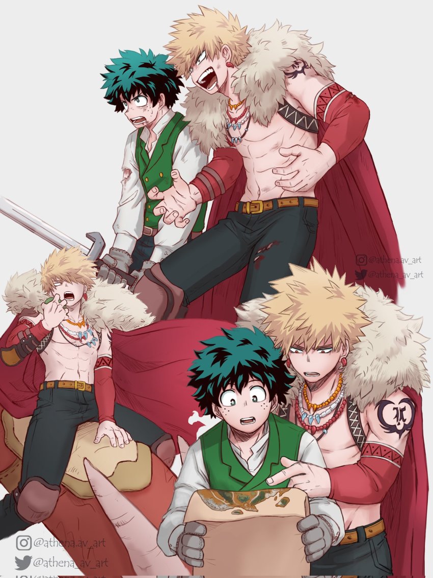 2boys abs athena_av bakugou_katsuki belt black_pants blonde_hair blood blood_on_clothes boku_no_hero_academia brown_belt cape commentary dragon earrings english_commentary freckles fur-trimmed_cape fur_trim gloves green_eyes green_hair green_vest grey_gloves highres holding holding_map holding_sword holding_weapon instagram_logo instagram_username jewelry knee_pads long_sleeves looking_down lower_teeth_only male_focus map midoriya_izuku multiple_boys navel necklace official_alternate_costume open_mouth pants pointing red_cape red_eyes riding saddle scratches shirt short_hair shoulder_tattoo simple_background spiked_hair sword tattoo teeth toned toned_male topless_male torn_clothes torn_shirt torn_sleeves twitter_logo twitter_username upper_teeth_only vest weapon white_background white_shirt