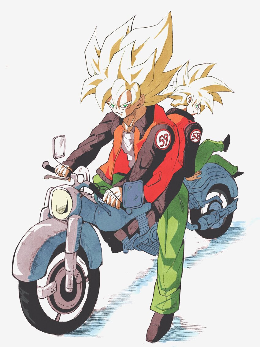 2boys blonde_hair dragon_ball dragonball_z green_eyes green_pants highres jacket medium_hair motor_vehicle motorcycle multiple_boys number_pun official_alternate_costume open_clothes open_jacket orange_jacket pants pato007711 riding shirt simple_background sitting solo_focus son_gohan son_goku spiked_hair super_saiyan super_saiyan_1 white_background white_shirt