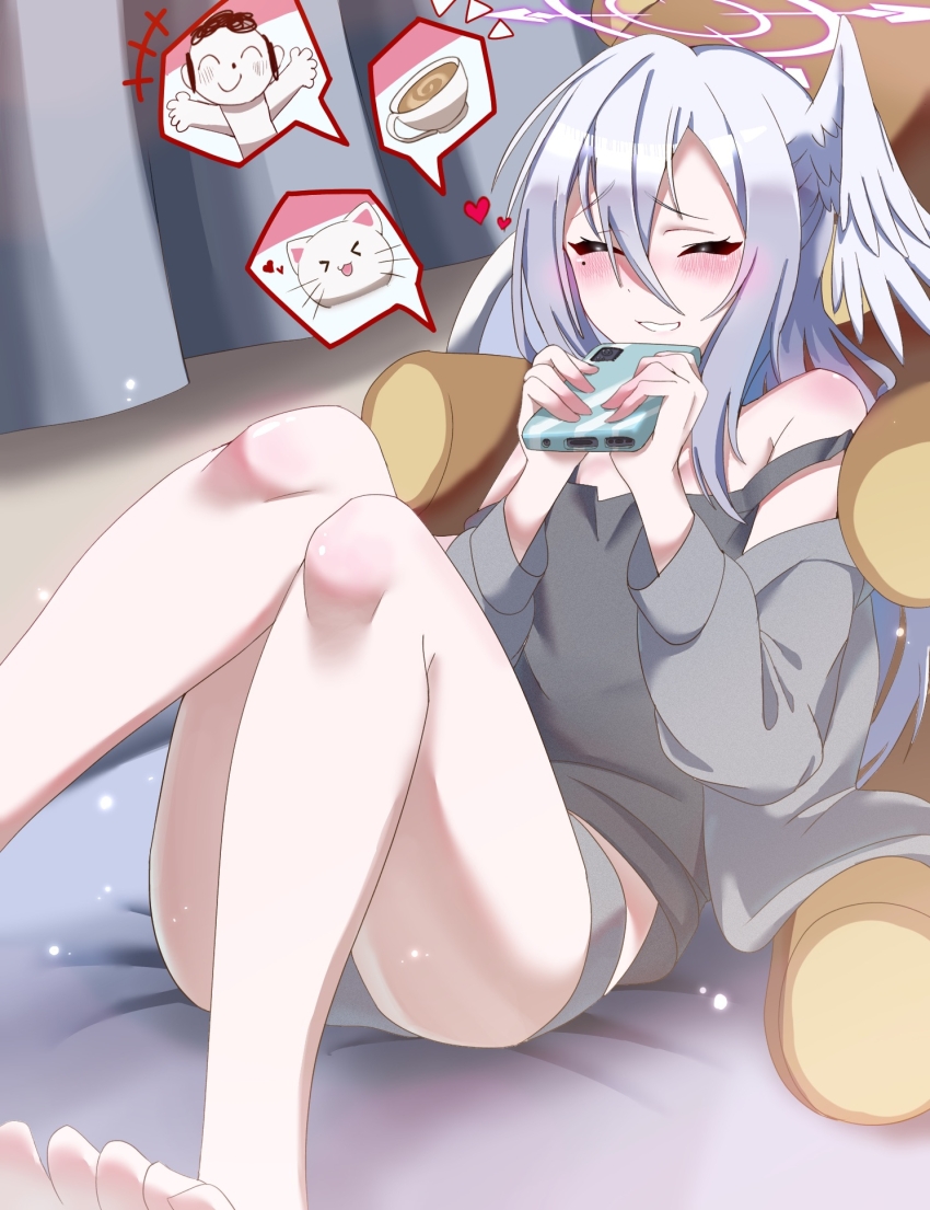 1girl bed blue_archive closed_eyes curtains doodle_sensei_(blue_archive) grey_hair grey_jacket grey_panties grey_shirt grin head_wings heart highres indoors jacket long_hair long_sleeves mole mole_under_eye nyagama pajamas panties sensei_(blue_archive) shirt single_head_wing smile solo stuffed_animal stuffed_toy suzumi_(blue_archive) teddy_bear toes underwear wings