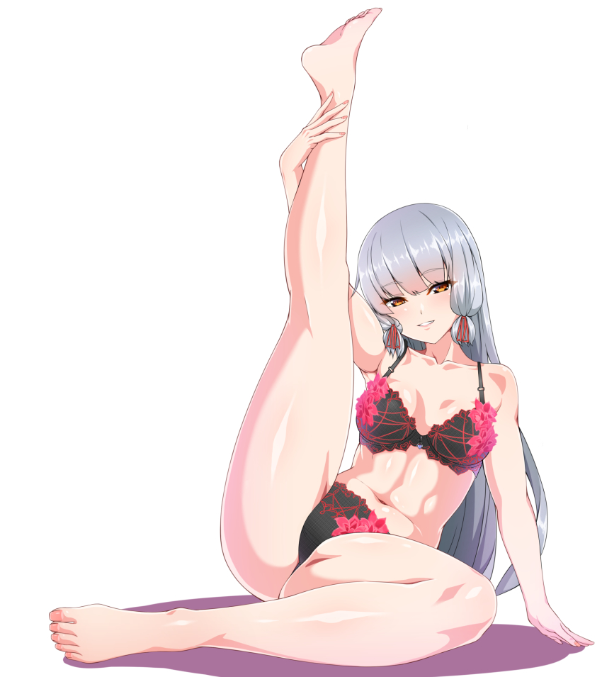 1girl black_bra black_panties bra commentary_request hair_ribbon highres jito_mesuki_nitouhei kantai_collection leg_up long_hair looking_at_viewer murakumo_(kancolle) orange_eyes panties parted_lips ribbon sidelocks silver_hair simple_background sitting solo tress_ribbon underwear underwear_only white_background