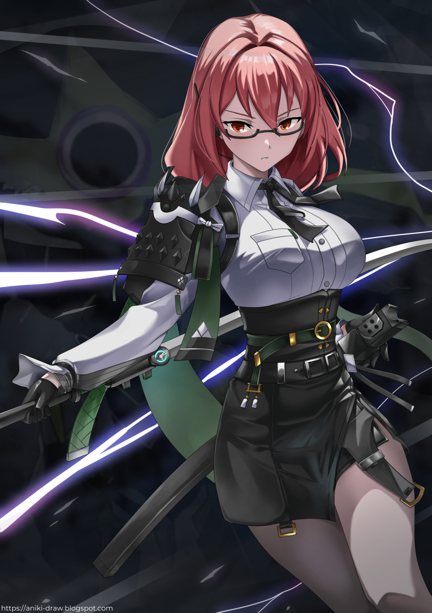 1girl absurdres armor black_gloves black_skirt breasts cowboy_shot dress_shirt earrings glasses gloves hair_between_eyes high-waist_skirt highres holding holding_polearm holding_sword holding_weapon indy_k jewelry large_breasts long_hair looking_at_viewer naginata pencil_skirt pink_eyes pink_hair polearm serious shirt shoulder_armor sidelocks skirt solo sword tsukishiro_yanagi variant_set weapon white_shirt zenless_zone_zero