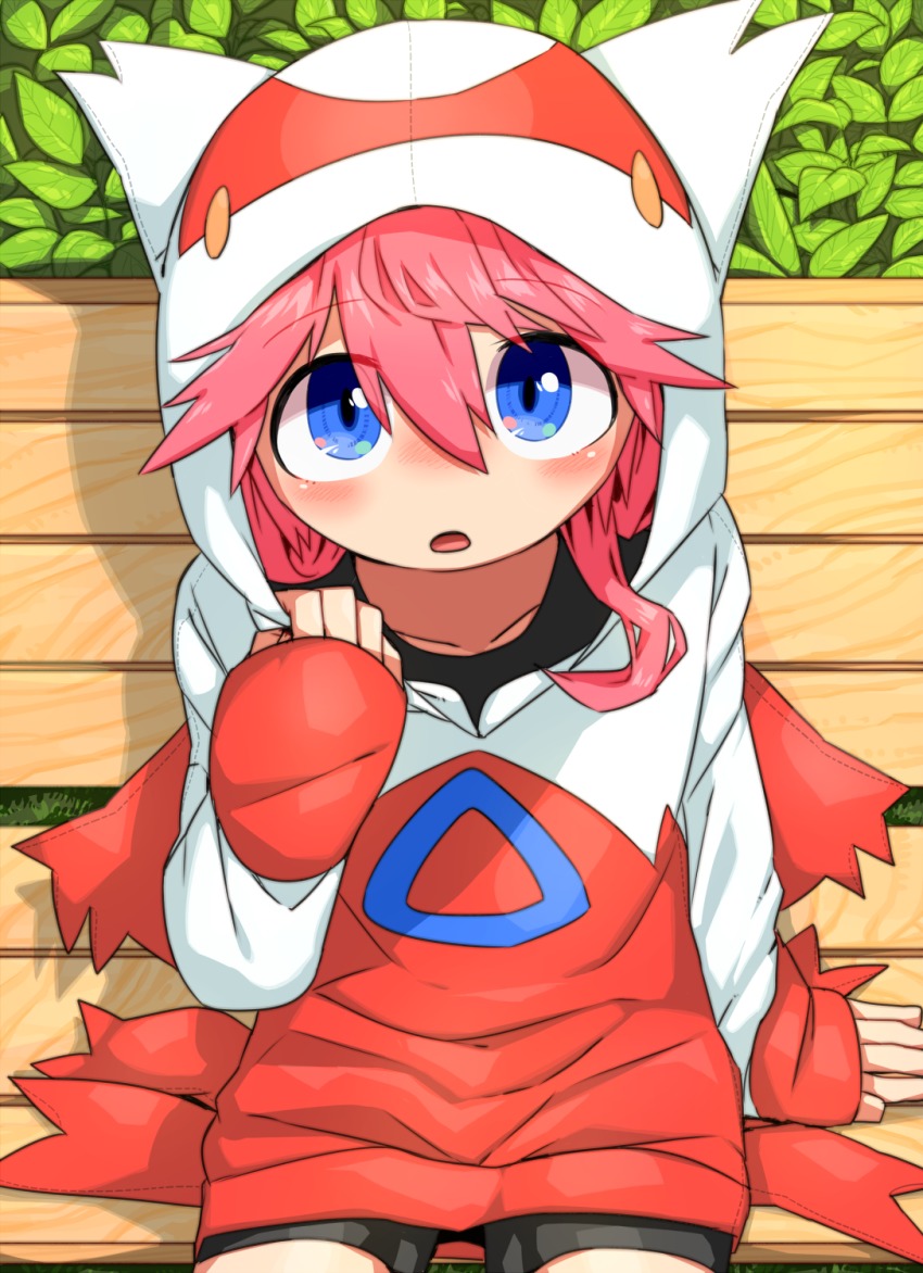 1girl bench blue_eyes creatures_(company) female_focus game_freak gen_3_pokemon highres hood hoodie latias legendary_pokemon mako_mickt nintendo original park_bench pink_hair pokemon pokemon_(creature) solo