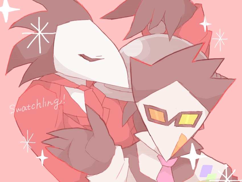 big_nose bird closed_eyes deltarune glasses heterochromatic_eyewear highres necktie nishi_no_kuni open_mouth pink_necktie star_(sky) swatch_(deltarune) swatchling_(deltarune) tinted_eyewear undertale