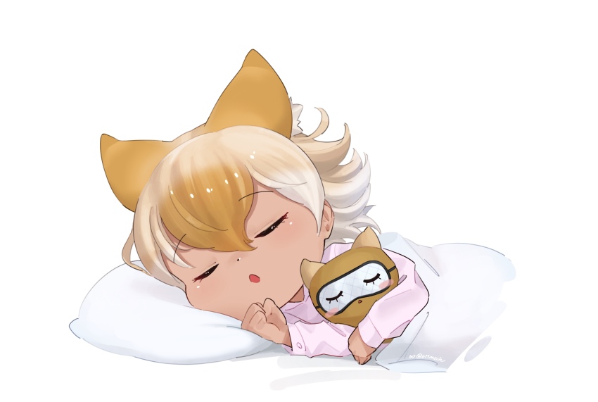 1girl absurdres animal_ears beleven blanket blonde_hair closed_eyes coyopotato coyote_(kemono_friends) extra_ears eyemask highres kemono_friends kemono_friends_v_project on_bed open_mouth pajamas pillow short_hair simple_background sleeping virtual_youtuber wolf_ears wolf_girl