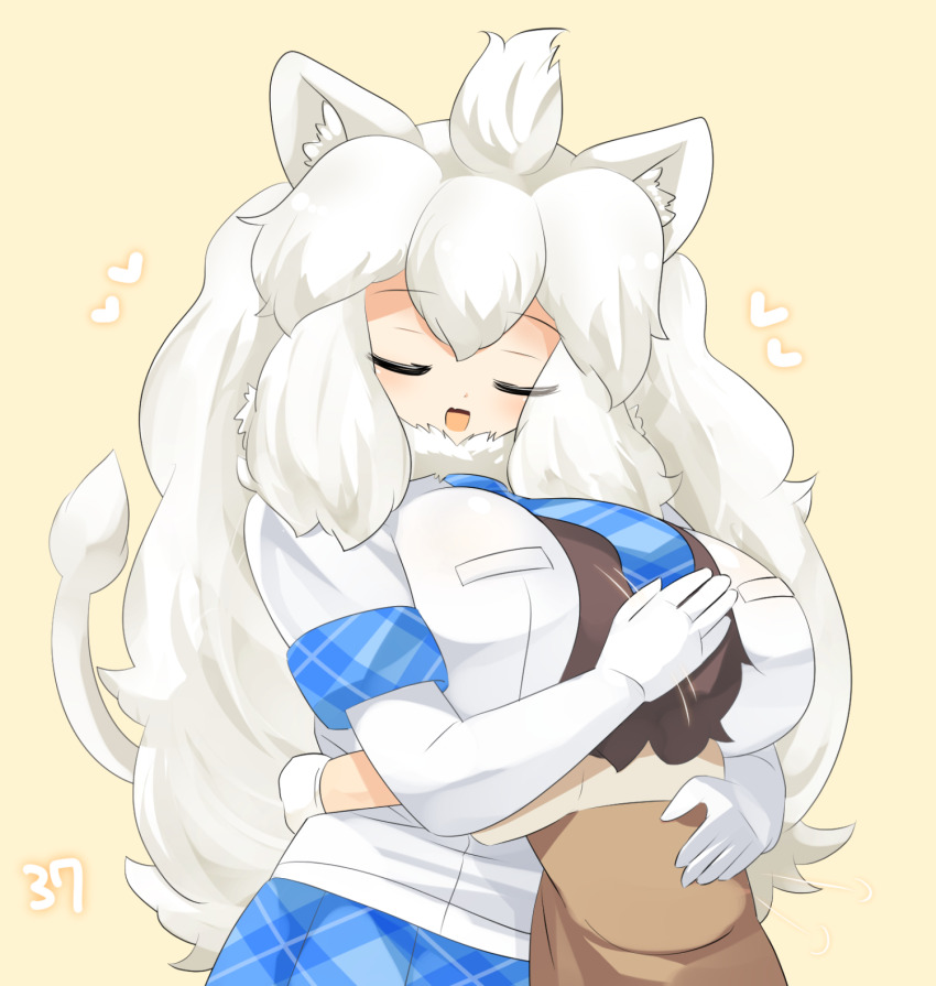 1girl animal_ear_fluff animal_ears between_breasts blue_necktie blue_skirt blush breasts brown_hair brown_shirt captain_(kemono_friends) closed_eyes commentary_request elbow_gloves face_between_breasts gloves head_between_breasts headpat heart height_difference highres hug huge_breasts kemono_friends kemono_friends_3 lets0020 lion_ears lion_girl lion_tail long_hair necktie numbered open_mouth plaid_clothes plaid_necktie plaid_skirt shirt short_hair simple_background skirt smile solo tail upper_body very_long_hair white_gloves white_hair white_lion_(kemono_friends) white_shirt yellow_background