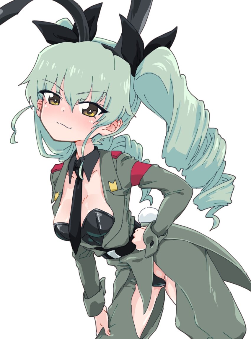 1girl anchovy_(girls_und_panzer) animal_ears anzio_military_uniform black_leotard black_necktie blush breasts brown_eyes closed_mouth drill_hair fake_animal_ears fake_tail girls_und_panzer hair_ribbon hand_on_own_hip highres leotard long_hair looking_at_viewer medium_breasts military monolith_(suibou_souko) necktie playboy_bunny rabbit_ears rabbit_tail ribbon simple_background smile solo tail twin_drills white_background