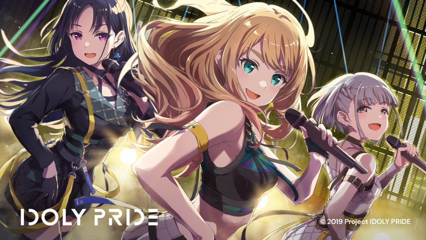 3girls ayano_yuu_(sonma_1426) blonde_hair earrings fran_(idoly_pride) guest_art highres idol idoly_pride jewelry kana_(idoly_pride) long_hair microphone miho_(idoly_pride) multiple_girls official_art pink_eyes purple_eyes smile strap