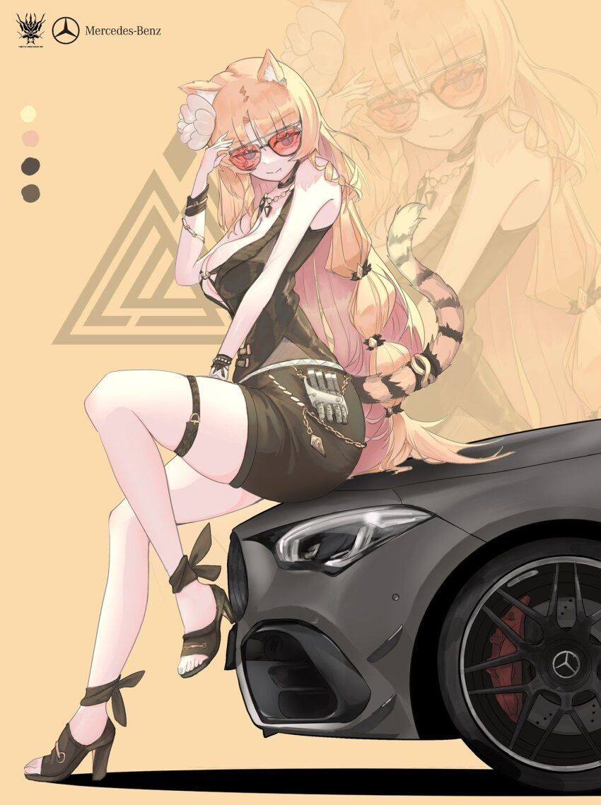 1girl animal_ear_fluff animal_ears arknights arm_up bad_anatomy bare_shoulders black_footwear black_shirt black_shorts black_tail blonde_hair blue_eyes cat chain chinese_commentary closed_mouth color_guide commentary_request company_logo company_name flower full_body gelo_graphic glasses gold gold_chain hair_flower hair_ornament high_heels highres jewelry leg_up logo long_hair looking_at_viewer mercedes-benz necklace no_socks official_alternate_costume red-tinted_eyewear shirt shoes shorts sitting sitting_on_car sleeveless sleeveless_shirt smile solo swire_(arknights) swire_the_elegant_wit_(arknights) tail tail_ornament tail_raised tail_ring thigh_strap tinted_eyewear toeless_footwear toenails unfinished white_flower yellow_background yellow_tail zoom_layer