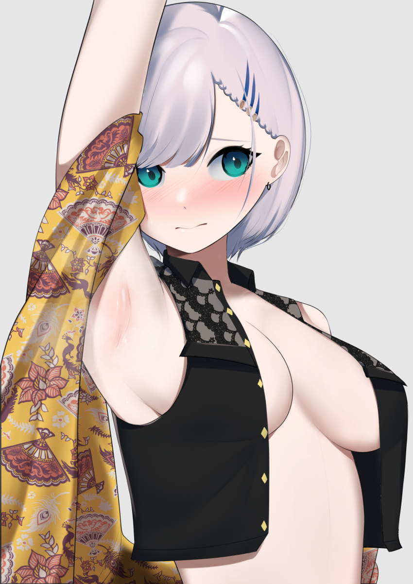 1girl absurdres arm_up armpits black_vest blouse blush braid braided_bangs breasts crop_top earrings feather_hair_ornament feathers green_eyes grey_background hair_behind_ear hair_ornament highres hololive hololive_indonesia holoro jewelry large_breasts pavolia_reine rizu_pann shawl shirt short_hair silver_hair sleeveless sleeveless_shirt solo unbuttoned unbuttoned_shirt vest virtual_youtuber yellow_shawl