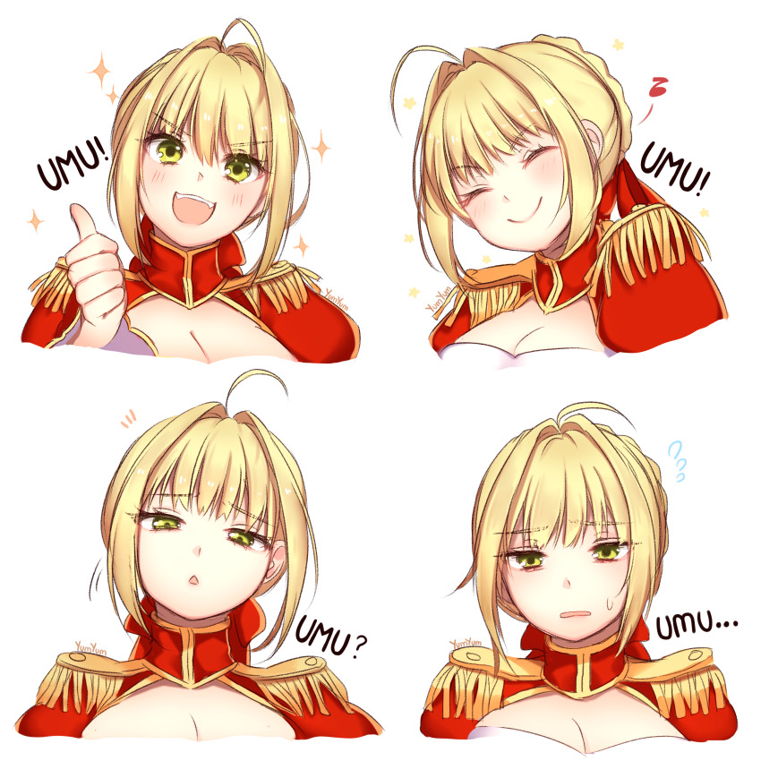 1girl absurdres ahoge blonde_hair blush breasts cleavage closed_eyes closed_mouth facing_viewer fangs fate/grand_order fate_(series) flying_sweatdrops green_eyes hair_intakes highres large_breasts looking_at_viewer multiple_views nero_claudius_(fate) nero_claudius_(fate)_(all) nero_claudius_(fate/extra) open_mouth parted_lips portrait short_hair smile sweatdrop teeth thumbs_up umu_(phrase) upper_teeth_only yumyum