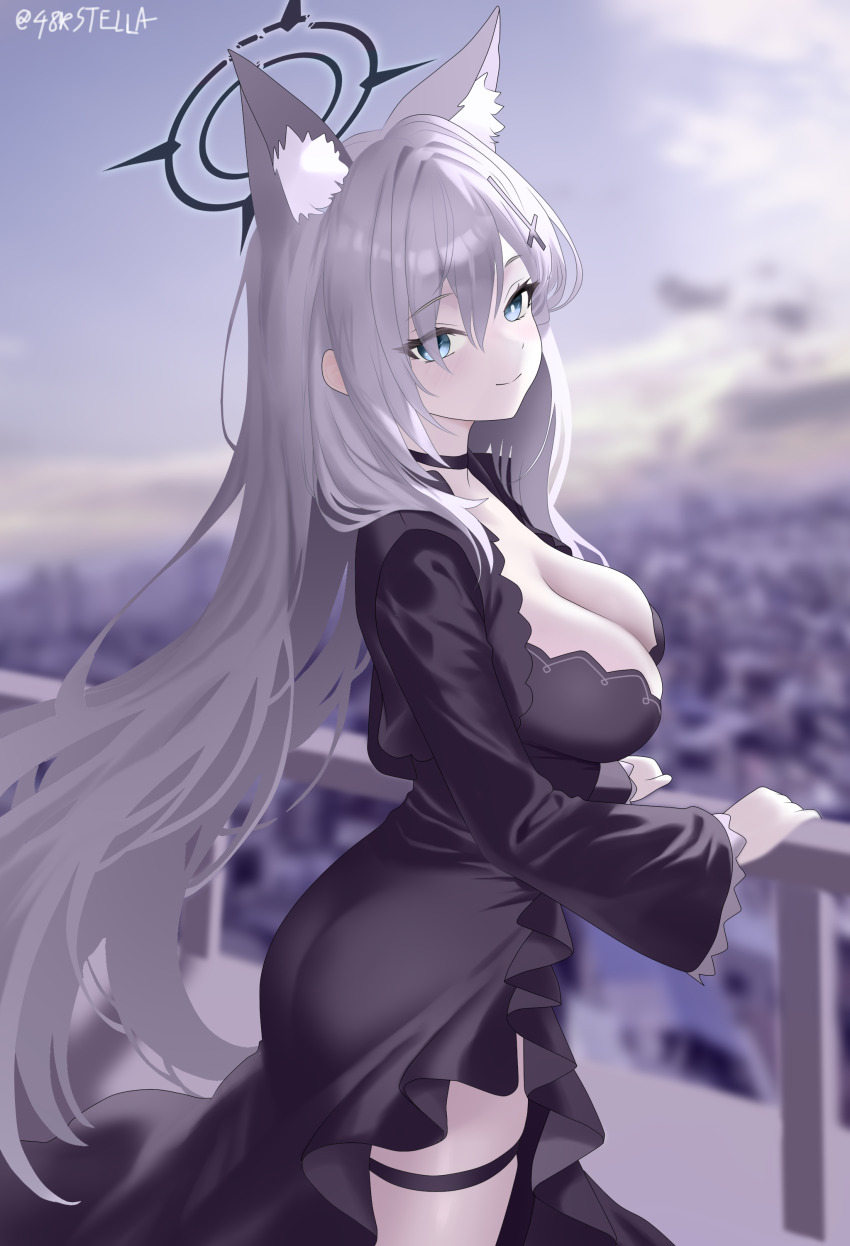 1girl absurdres animal_ear_fluff animal_ears black_choker black_dress black_halo blue_archive blurry blurry_background breasts broken_halo choker cleavage closed_mouth commentary cross_hair_ornament dress from_side grey_eyes grey_hair hair_between_eyes hair_ornament halo highres large_breasts light_blush long_hair long_sleeves looking_at_viewer potgit shiroko_(blue_archive) shiroko_terror_(blue_archive) smile solo thigh_strap twitter_username very_long_hair