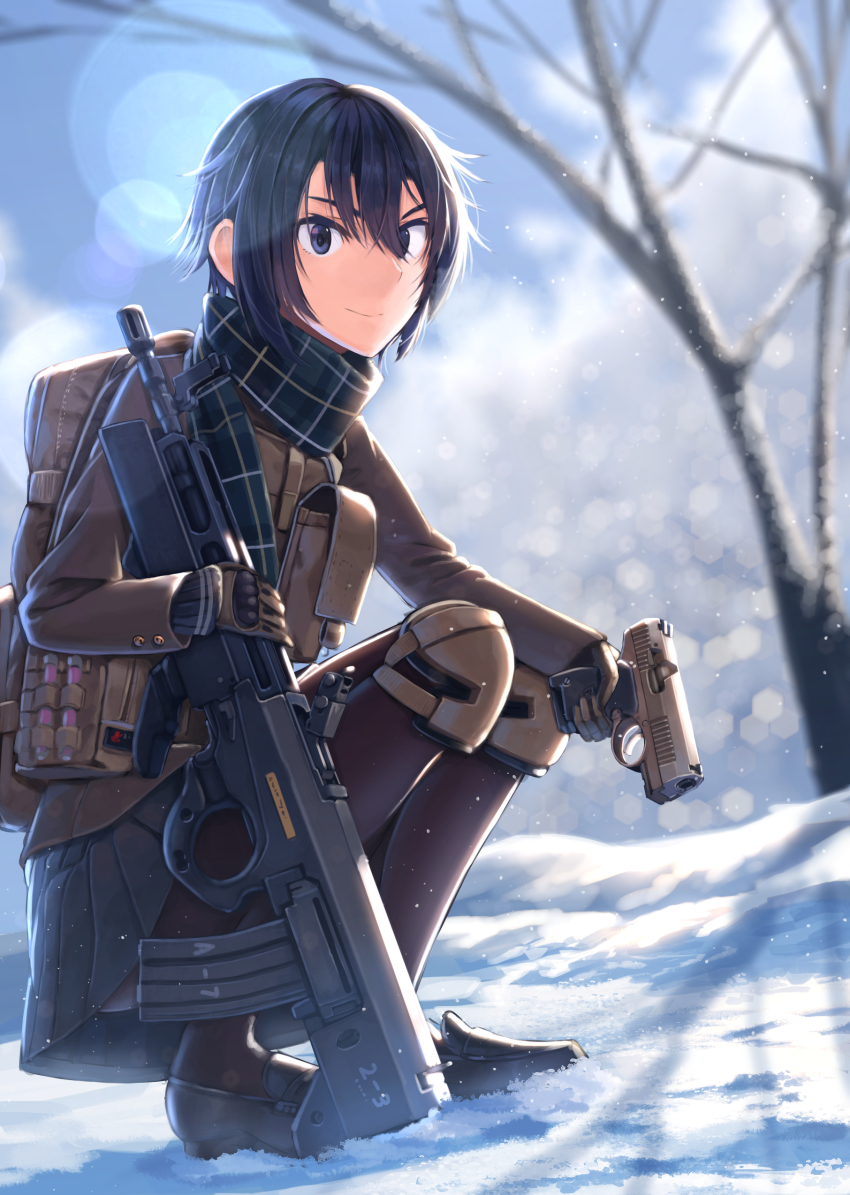 1girl absurdres backpack bad_id bad_pixiv_id bag black_eyes black_hair blurry blurry_background bullpup commentary dreadtie gloves glowstick gun hair_between_eyes handgun highres holding holding_gun holding_weapon knee_pads load_bearing_vest loafers looking_at_viewer original outdoors pantyhose pistol pleated_skirt scarf school_uniform shoes short_hair skirt snow snowing solo squatting weapon weapon_request