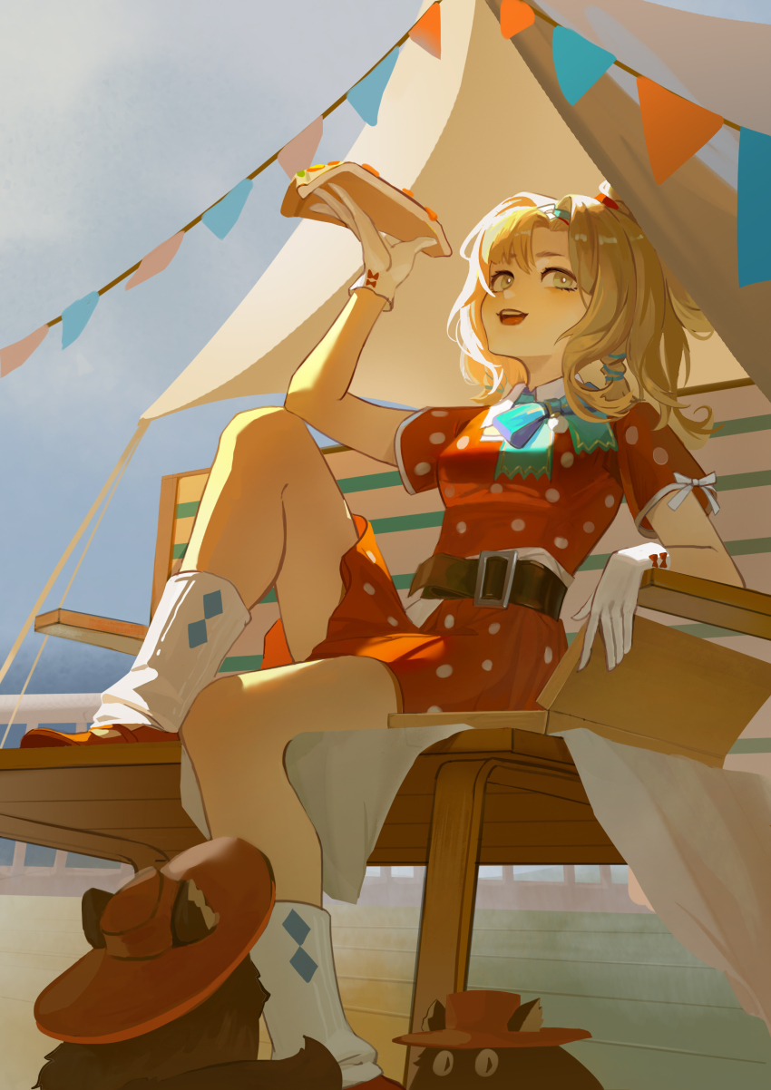 1girl :d absurdres belt blonde_hair blue_bow blue_bowtie blue_eyes blue_sky bow bowtie brown_belt carbuncle_(reverse:1999) dress feet_on_chair food foot_out_of_frame from_below gloves hand_up hat highres holding holding_food holding_pizza knee_up looking_to_the_side loose_socks matilda_bouanich medium_hair official_alternate_costume on_bench one_side_up open_mouth outdoors pizza pizza_box pizza_hut pizza_slice polka_dot polka_dot_dress qingyi_jiang red_dress red_footwear red_hat reverse:1999 short_dress short_sleeves sidelighting sitting sky smile socks solo string_of_flags tent white_gloves white_socks