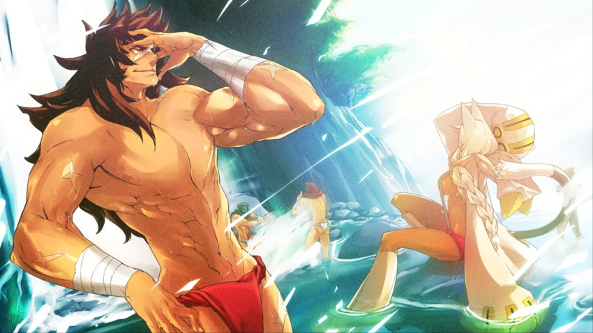 abs bandages blazblue blonde_hair breasts cat_girl dark-skinned_male dark_skin muscular muscular_male ninja official_art scar shishigami_bang tail taokaka water yuki_kato