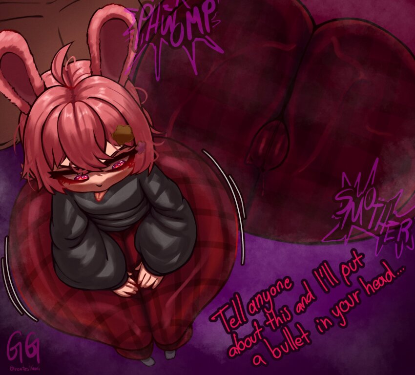 1boy 1girl ahoge animal_ears artist_name ass ass_shake black_shirt blush checkered_clothes english_text faceless faceless_male greatestgori hair_between_eyes hair_ornament highres huge_ass looking_down open_mouth phase_connect pink_background pink_hair pipkin_pippa purple_background rabbit_ears rabbit_girl rabbit_tail red_eyes ribbon shirt sitting sitting_on_face sitting_on_person solo sound_effects standing steam sweat sweatdrop tail teeth thick_thighs thighs tongue tooth_gap upper_teeth_only virtual_youtuber wide_hips