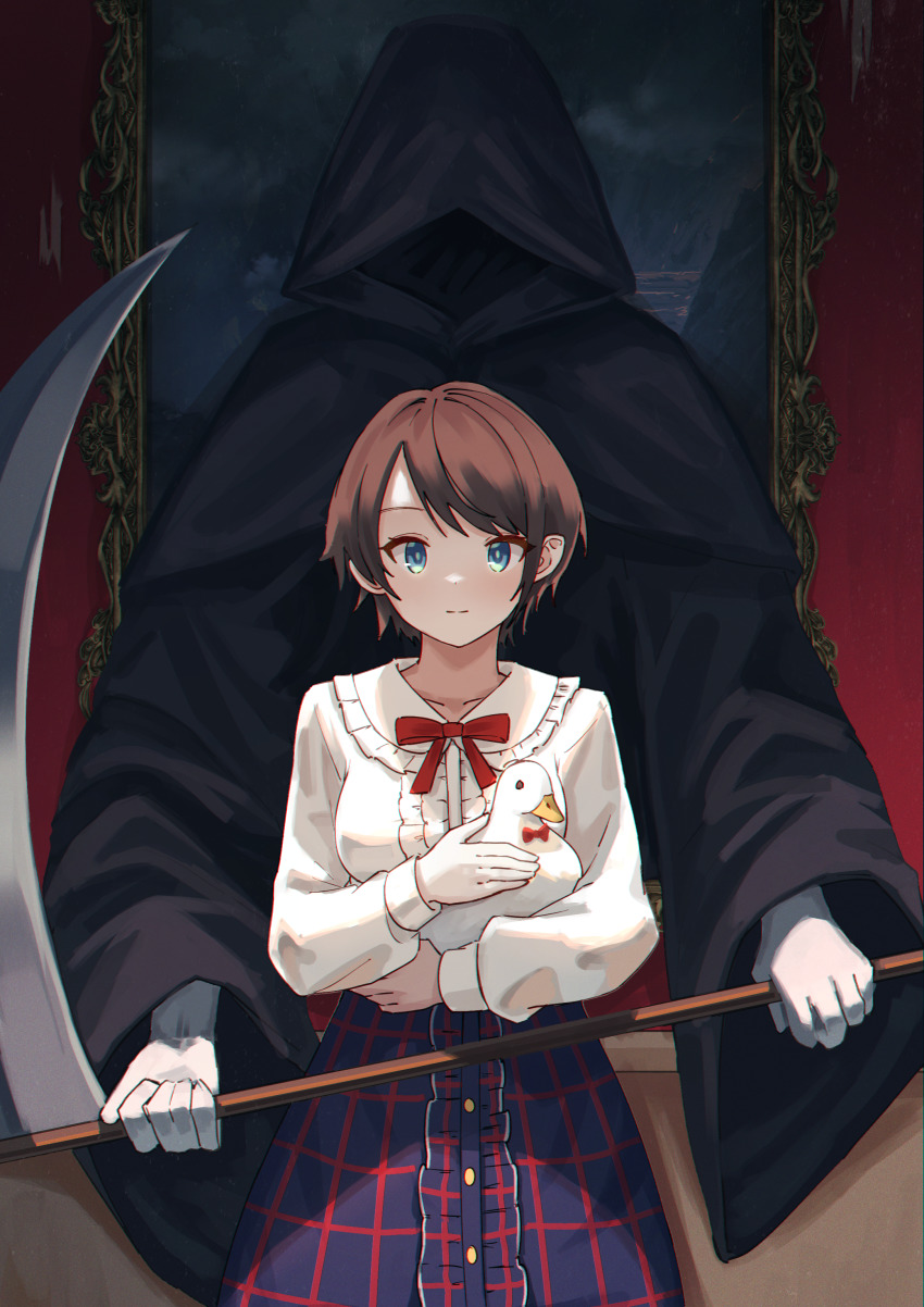 1girl 1other absurdres ambiguous_gender animal bird black_robe blue_eyes bow bowtie brown_hair death_(entity) duck facing_viewer frilled_shirt frills highres holding holding_animal holding_scythe hololive hood hood_up hooded_robe indoors jl_tan long_sleeves looking_at_viewer oozora_subaru oozora_subaru_(casual) painting_(object) red_bow red_bowtie ribbon robe scythe shirt short_hair skirt virtual_youtuber white_shirt