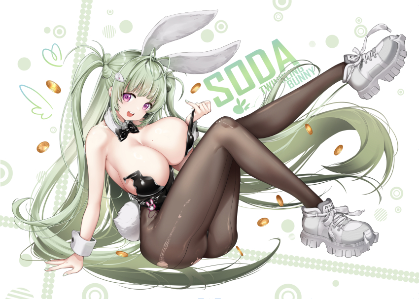 1girl animal_ears antenna_hair bare_shoulders black_leotard blush breasts cleavage detached_collar fake_animal_ears fake_tail goddess_of_victory:_nikke green_hair highleg highleg_leotard highres huge_breasts leotard long_hair looking_at_viewer open_mouth pantyhose playboy_bunny purple_eyes rabbit_ears rabbit_tail revision shibi shoes smile sneakers soda_(nikke) soda_(twinkling_bunny)_(nikke) tail very_long_hair wrist_cuffs