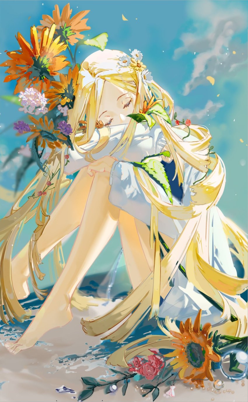 1girl blonde_hair byuey cloud closed_eyes flower flower_on_head head_rest highres petals rose sitting sky sunflower