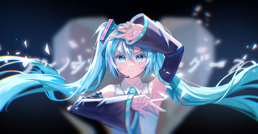 aqua_eyes aqua_hair aqua_nails aqua_necktie collared_shirt detached_sleeves hatsune_miku headphones highres long_hair looking_at_viewer necktie negai_(48282230) parted_lips shirt twintails unknown_mother_goose_(vocaloid) very_long_hair vocaloid wide_sleeves wowaka