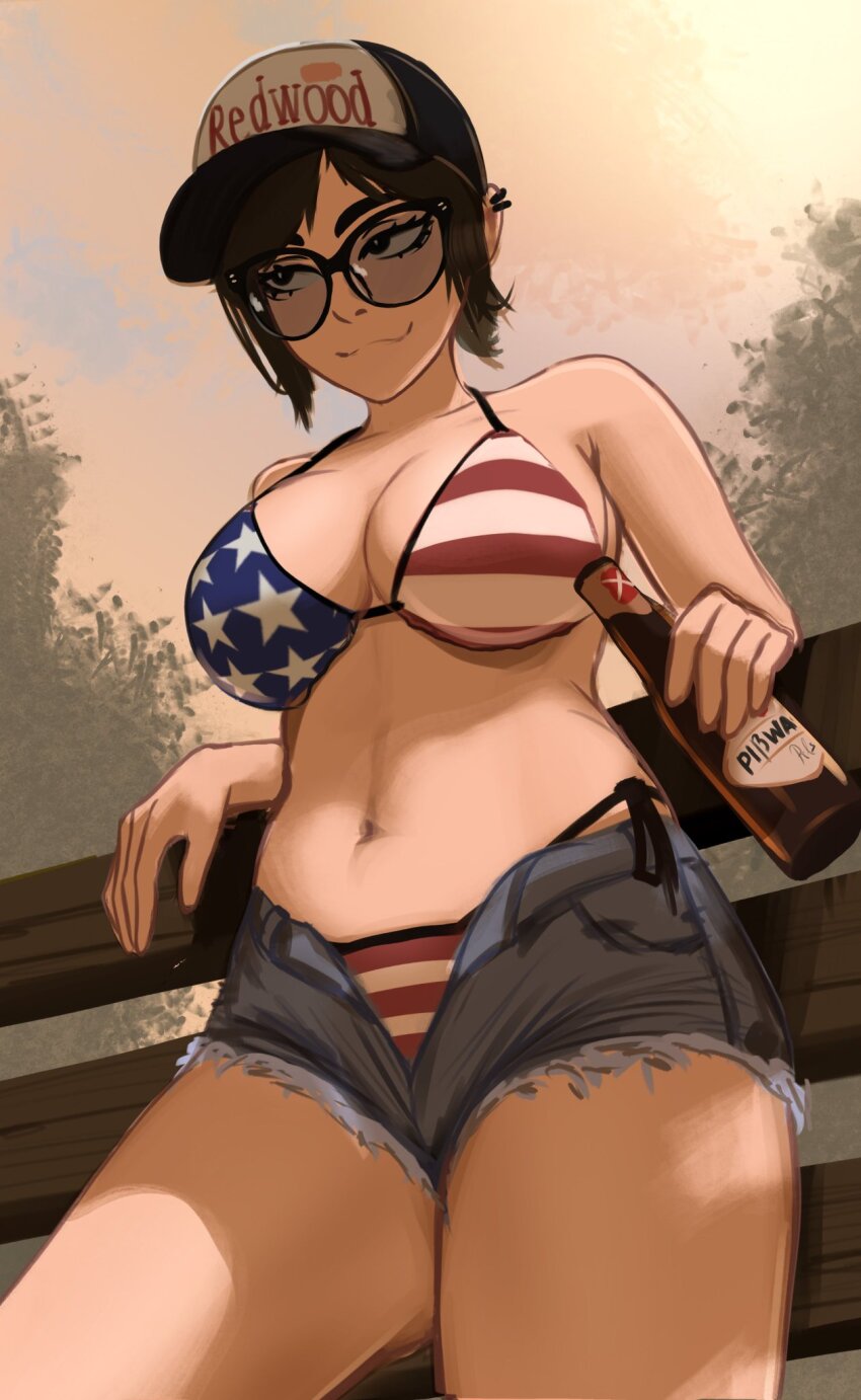 alcohol american_flag american_flag_print beer black_hair breasts earrings flag_print glasses highres jewelry large_breasts piercing rosen_(veyonis) shorts underwear veyonis