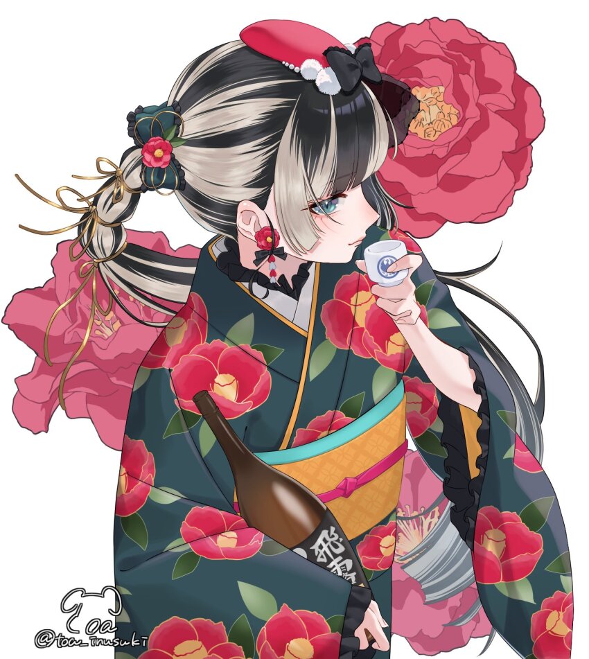 1girl alternate_costume black_hair blonde_hair blunt_bangs blunt_ends bottle bow choko_(cup) commentary_request cup earrings fascinator floral_background floral_print floral_print_kimono flower flower_earrings frilled_kimono frills from_above furisode green_eyes green_kimono hair_bow hair_ribbon highres holding holding_bottle holding_cup hololive hololive_dev_is japanese_clothes jewelry juufuutei_raden kimono lips long_hair low-tied_long_hair multicolored_hair obi obiage obijime red_flower ribbon sake_bottle sash sidelocks signature solo toa_inusuki twitter_username two-tone_hair virtual_youtuber white_background