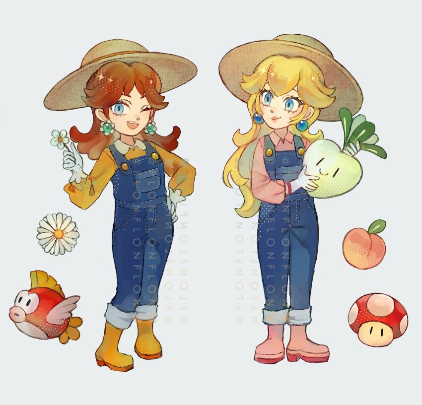 2girls artist_name blonde_hair blue_eyes blue_overalls brown_hair cheep_cheep collared_shirt commentary daisy earrings english_commentary flonflonflon flower flower_earrings food fruit gloves grey_background hand_on_own_hip highres jewelry mario_(series) multiple_girls nintendo one_eye_closed orange_shirt overalls peach pink_shirt princess_daisy princess_peach shirt simple_background smile super_mario_odyssey super_mushroom turnip_(mario) twitter_username watermark white_gloves