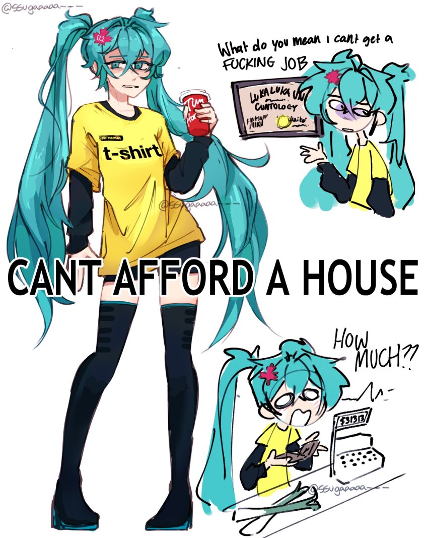 1girl black_shirt black_skirt black_thighhighs blue_eyes blue_hair canada canadian_miku commentary cup diploma disposable_coffee_cup disposable_cup english_commentary english_text hatsune_miku highres holding holding_cup holding_wallet leaf long_hair maple_leaf multiple_views no_name_(brand) parted_lips shirt simple_background skirt spring_onion ssugaaaaa thighhighs tim_hortons twintails twitter_username vocaloid wallet white_background worldwide_miku yellow_shirt