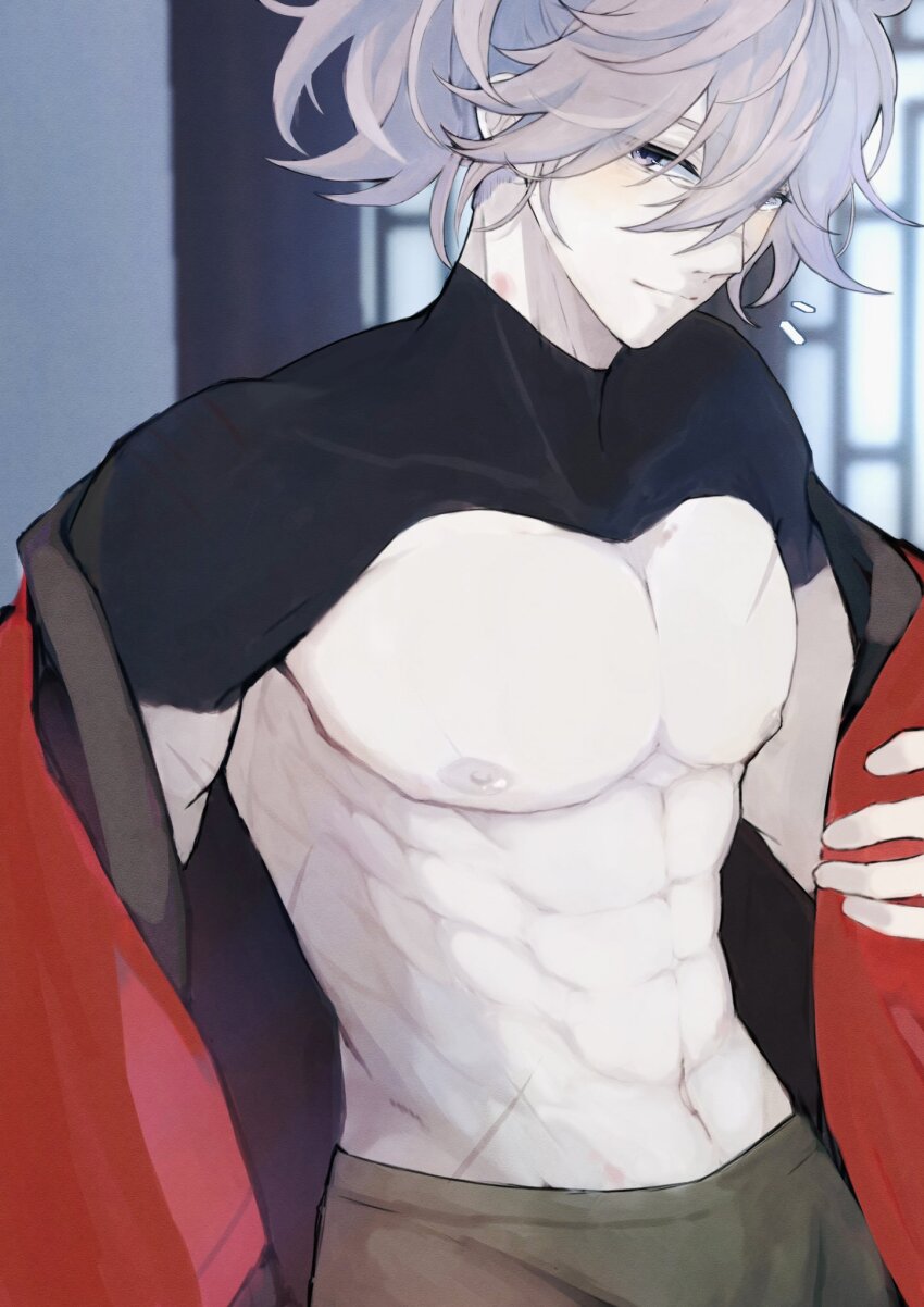 1boy abs black_shirt blonde_hair brown_pants closed_mouth crop_top genshin_impact hair_between_eyes highres illu_nis jacket japanese_clothes kazuha&#039;s_friend_(genshin_impact) long_hair male_focus muscular muscular_male navel nipples open_clothes open_jacket open_shirt pants ponytail purple_eyes scar shirt solo stomach