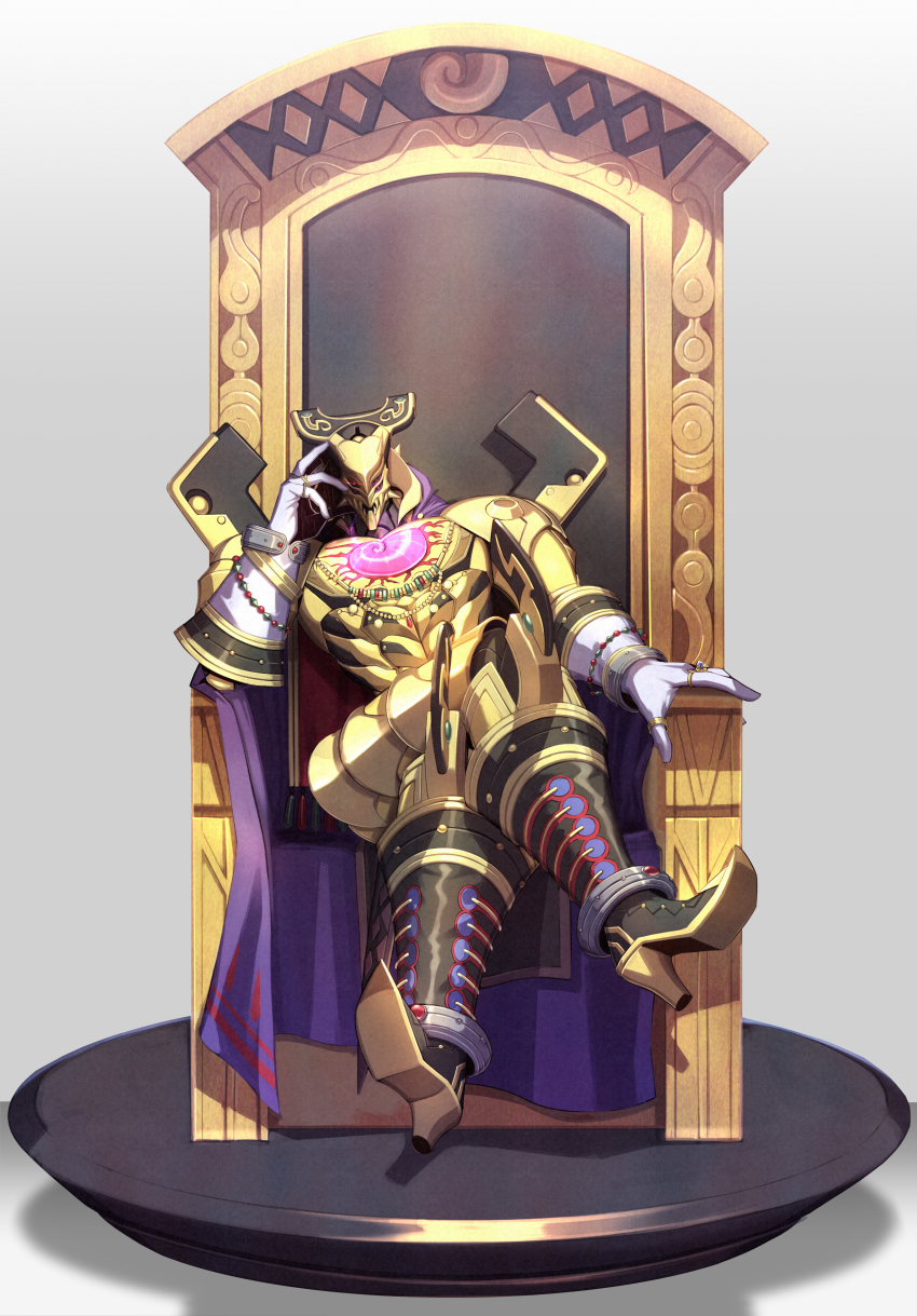 1boy absurdres armor bracelet cape crossed_legs duel_monster eldlich_the_golden_lord full_armor glowing glowing_eyes gold_armor head_on_hand helmet highres jewelry kikken looking_at_viewer purple_cape ring shoulder_spikes sitting spikes throne yu-gi-oh!