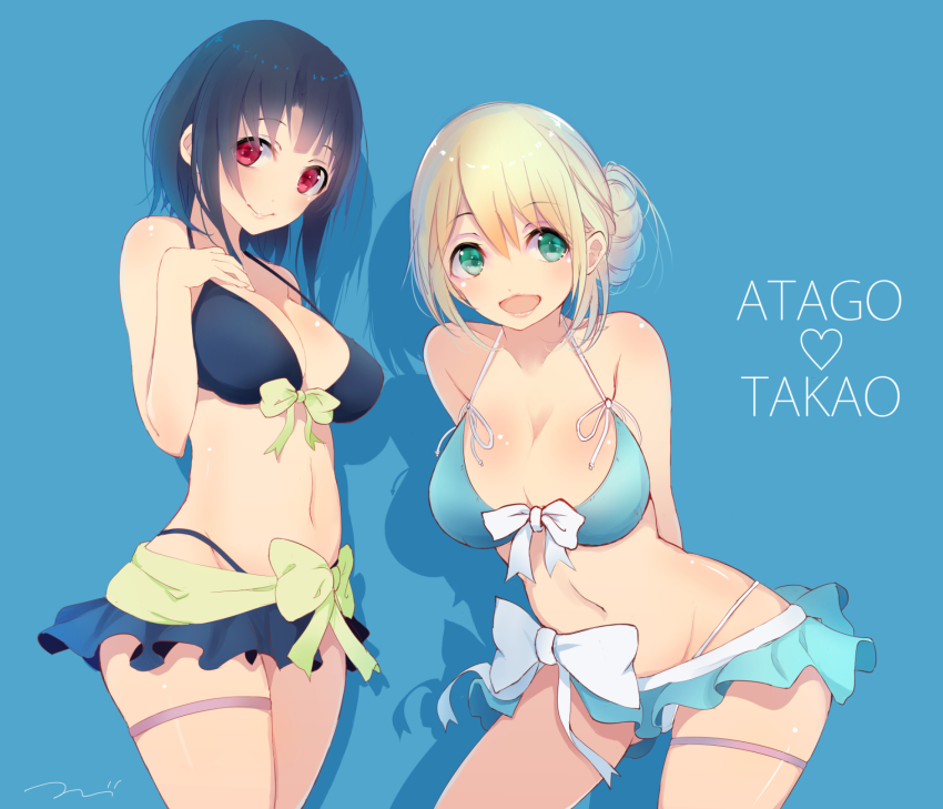 10s 2girls :d arms_behind_back atago_(kancolle) bikini bikini_skirt black_bikini blonde_hair blue_background blue_bikini blunt_bangs blush body_blush bow breasts character_name cleavage closed_mouth collarbone contrapposto cowboy_shot eyebrows green_eyes groin hair_bun hand_on_own_chest highres kantai_collection kantai_collection_(anime) large_breasts legs_apart legs_together looking_at_viewer multiple_girls navel open_mouth red_eyes short_hair simple_background single_hair_bun smile standing stomach strap_gap swimsuit takao_(kancolle) tareme tebi_(tbd11) thigh_gap white_bow yellow_bow