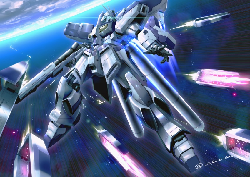 akamiho beam_rifle char&#039;s_counterattack char&#039;s_counterattack_-_beltorchika&#039;s_children charging powering_up cloud cloudy_sky energy_gun fin_funnels firing flying funnels_(gundam) glowing glowing_eyes green_eyes gundam hi-nu_gundam highres looking_at_another mecha no_humans ocean open_hand robot sky twitter_username weapon