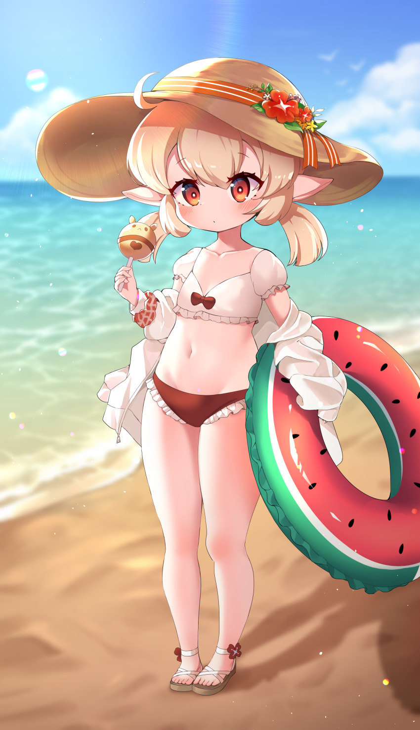 1girl absurdres ahoge alternate_costume beach blue_sky blurry cloud cloudy_sky clover_print collarbone commentary_request depth_of_field food food_print full_body genshin_impact hair_between_eyes hat highres holding holding_food horizon innertube jacket jumpy_dumpty klee_(genshin_impact) light_brown_hair long_hair looking_at_viewer low_twintails midriff navel ocean off_shoulder orange_eyes pointy_ears revision sandals sidelocks sky solo standing summer sun_hat swim_ring swimsuit twintails watermelon_print white_jacket yukki_bunny