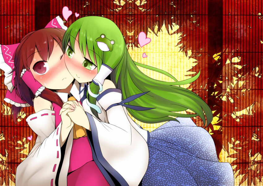 2girls ascot blush bow brown_hair cheek-to-cheek detached_sleeves frog_hair_ornament green_eyes green_hair hair_bow hair_ornament hair_tubes hakurei_reimu holding_hands heads_together heart highres interlocked_fingers kochiya_sanae long_hair multiple_girls one_eye_closed photoshop_(medium) red_eyes smile snake_hair_ornament touhou yassy yuri