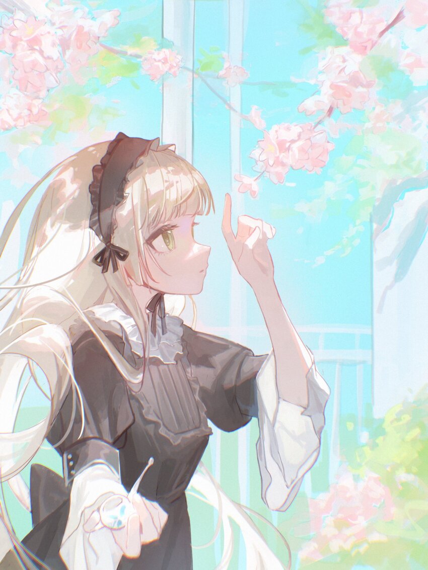 1girl black_dress blonde_hair cherry_blossoms day dress gosick gothic_lolita green_eyes hairband highres holding holding_smoking_pipe lolita_fashion lolita_hairband long_hair profile smoking_pipe solo sunlight upper_body victorica_de_blois wusubamineko