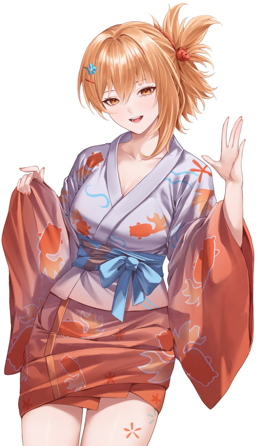 1girl alternate_costume blonde_hair breasts fish_hair_ornament genshin_impact gradient_clothes gradient_kimono grey_kimono hair_ornament hairclip highres japanese_clothes kimono leg_tattoo long_hair long_sleeves looking_at_viewer medium_breasts multicolored_kimono open_mouth orange_eyes orange_hair orange_kimono ponytail smile solo tattoo ulularts white_background yoimiya_(genshin_impact)