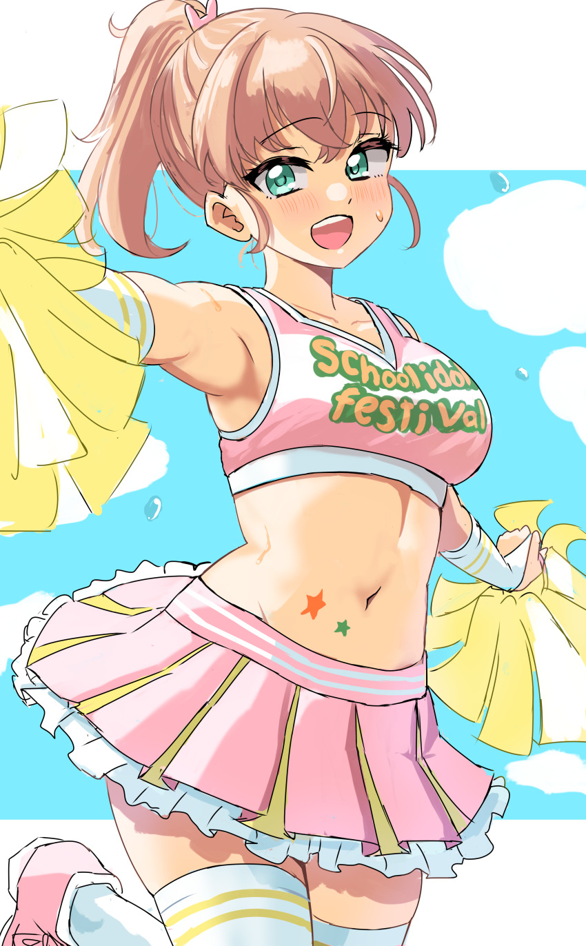 1girl :d absurdres aqua_eyes armpits breasts cheerleader clothes_writing collarbone commentary_request cowboy_shot crop_top crossed_bangs elbow_gloves ereka fingerless_gloves frilled_skirt frills gloves hair_ornament highres hinoshita_kaho holding holding_pom_poms large_breasts letterboxed light_brown_hair link!_like!_love_live! love_live! love_live!_school_idol_festival miniskirt navel open_mouth outside_border pink_footwear pink_skirt pleated_skirt pom_pom_(cheerleading) pom_poms ponytail rabbit_hair_ornament short_hair skirt smile solo star_(symbol) sweatdrop teeth thighhighs upper_teeth_only virtual_youtuber water_drop white_gloves white_thighhighs zettai_ryouiki