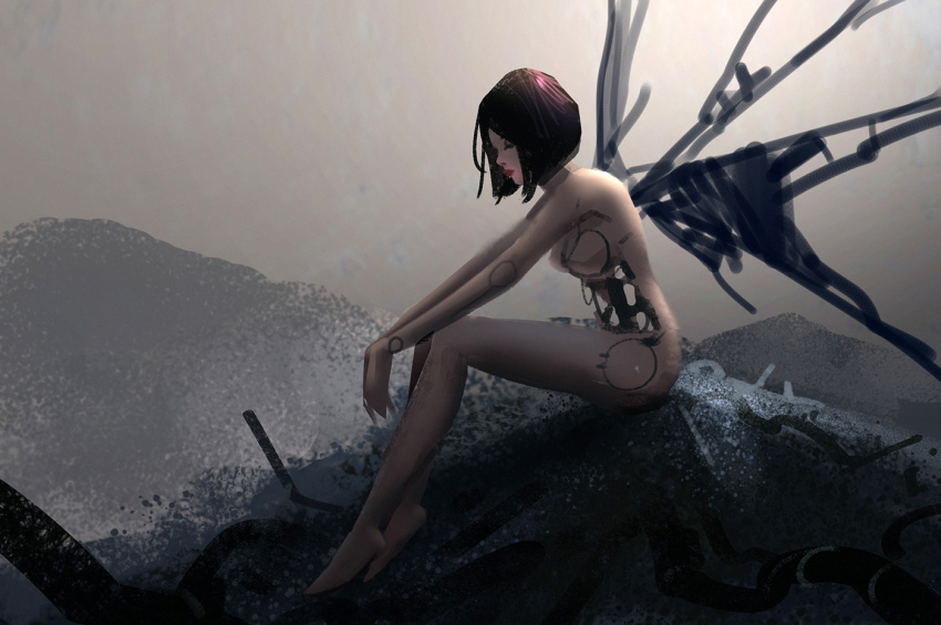 1girl alita black_hair bob_cut closed_eyes cyborg hideyoshi_ruwwe hill junkyard looking_to_the_side mechanical_wings scenery short_hair sitting wings