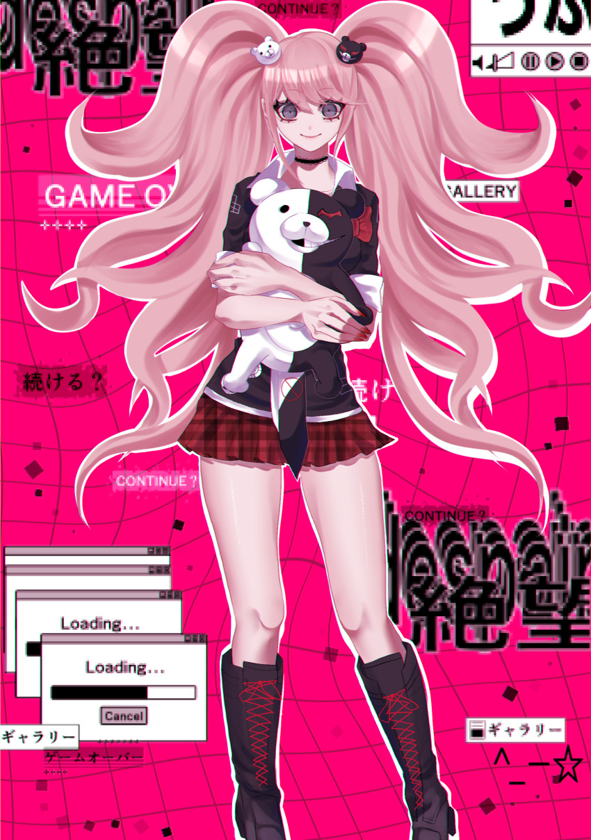 1girl absurdres bear bear_hair_ornament big_hair black_bra black_shirt blonde_hair blue_eyes bow bra choker danganronpa:_trigger_happy_havoc danganronpa_(series) enoshima_junko hair_ornament highres loading_screen long_hair monokuma nail_polish necktie red_bow red_nails red_skirt ru_na shirt shirt_bow skirt sleeves_rolled_up smile twintails two-tone_necktie underwear white_necktie