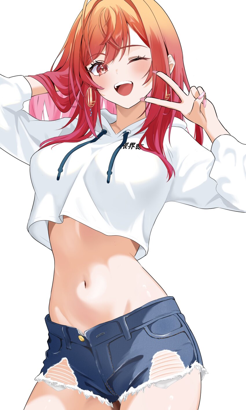 1girl :d absurdres blush collarbone denim denim_shorts earrings hair_between_eyes highres hololive hololive_dev_is ichijou_ririka jewelry long_hair long_sleeves midriff navel open_mouth oz1n pink_nails red_hair shorts simple_background smile solo teeth v virtual_youtuber white_background