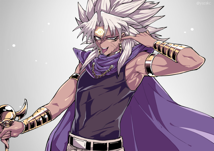 1boy armlet armpits belt big_hair black_belt cape commentary_request dark-skinned_male dark_skin facial_mark forehead_mark grey_background hand_up jewelry looking_at_viewer male_focus marik_ishtar millennium_rod muscular muscular_male open_mouth pants purple_cape shirt sleeveless sleeveless_shirt smile solo spiked_hair teeth tongue tongue_out upper_teeth_only veins white_hair yami_marik yazaki_(yazakc) yu-gi-oh! yu-gi-oh!_duel_monsters