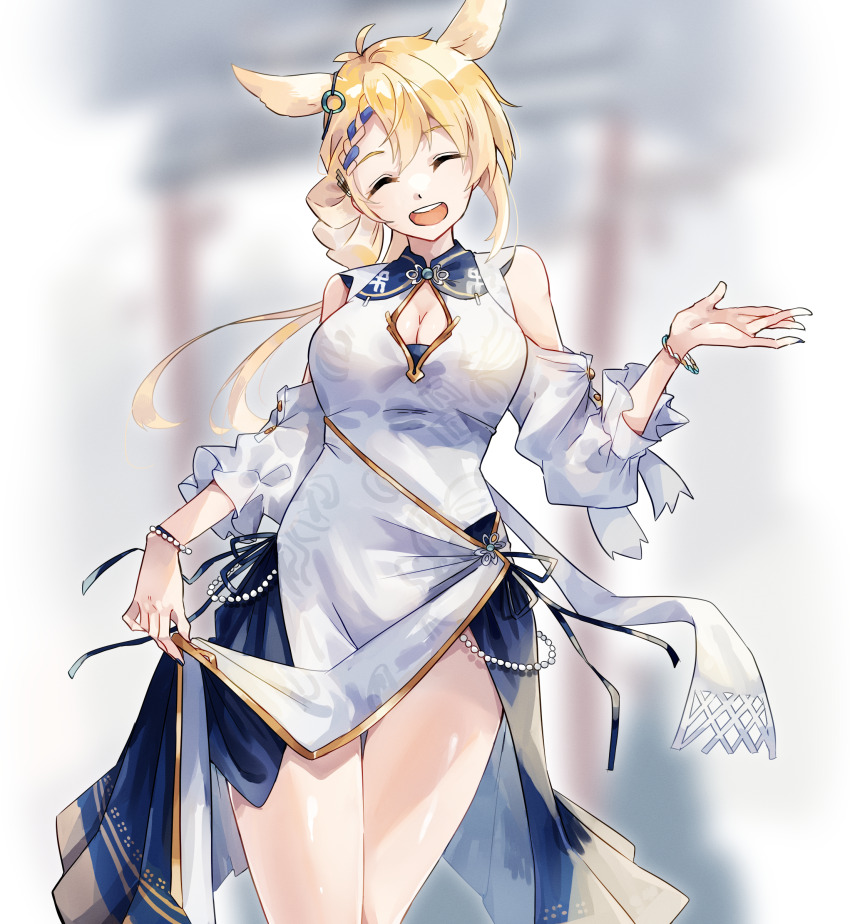 1girl :d ^_^ absurdres animal_ears arknights bare_shoulders beads blonde_hair blue_ribbon blurry blurry_background braid breasts cleavage cleavage_cutout closed_eyes clothes_lift clothing_cutout commentary_request cowboy_shot dress dress_lift facing_viewer hair_ribbon hand_up highres kroos_(arknights) kroos_the_keen_glint_(along_the_corridor)_(arknights) kroos_the_keen_glint_(arknights) lifting_own_clothes long_hair long_sleeves medium_breasts official_alternate_costume open_mouth partial_commentary ribbon smile solo standing u_yuz_xx white_dress