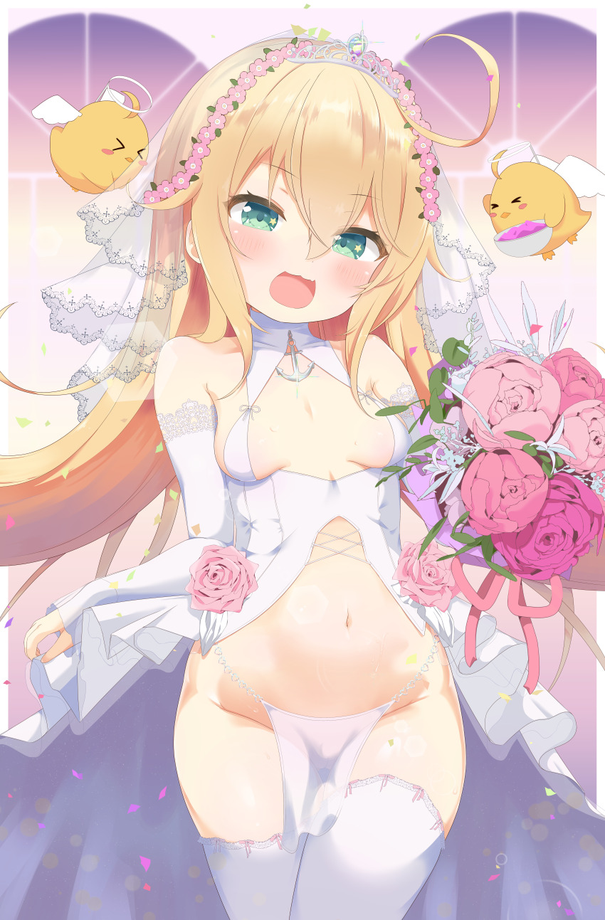 1girl :d absurdres albacore_(azur_lane) alternate_costume azur_lane blonde_hair blush bouquet breasts bridal_gauntlets diadem dress flower frontless_outfit green_eyes groin hair_between_eyes hair_flower hair_ornament happy highres hip_focus holding holding_bouquet long_hair looking_at_viewer makina9696 navel no_panties open_mouth pink_flower pink_rose revealing_clothes rose skirt_hold small_breasts smile solo star_(symbol) star_in_eye stomach symbol_in_eye thighhighs thighs veil very_long_hair wedding_dress white_dress