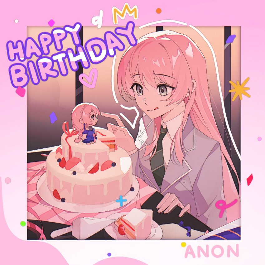 bang_dream! bang_dream!_it&#039;s_mygo!!!!! birthday_cake blazer cake character_doll character_name chihaya_anon closed_mouth collared_shirt commentary diagonal-striped_clothes diagonal-striped_necktie food green_necktie grey_eyes grey_jacket haneoka_school_uniform happy_birthday heart highres jacket licking_lips long_hair necktie pink_hair plate school_uniform shirt sidelocks striped_clothes symbol-only_commentary tomatoo7 tongue tongue_out white_shirt