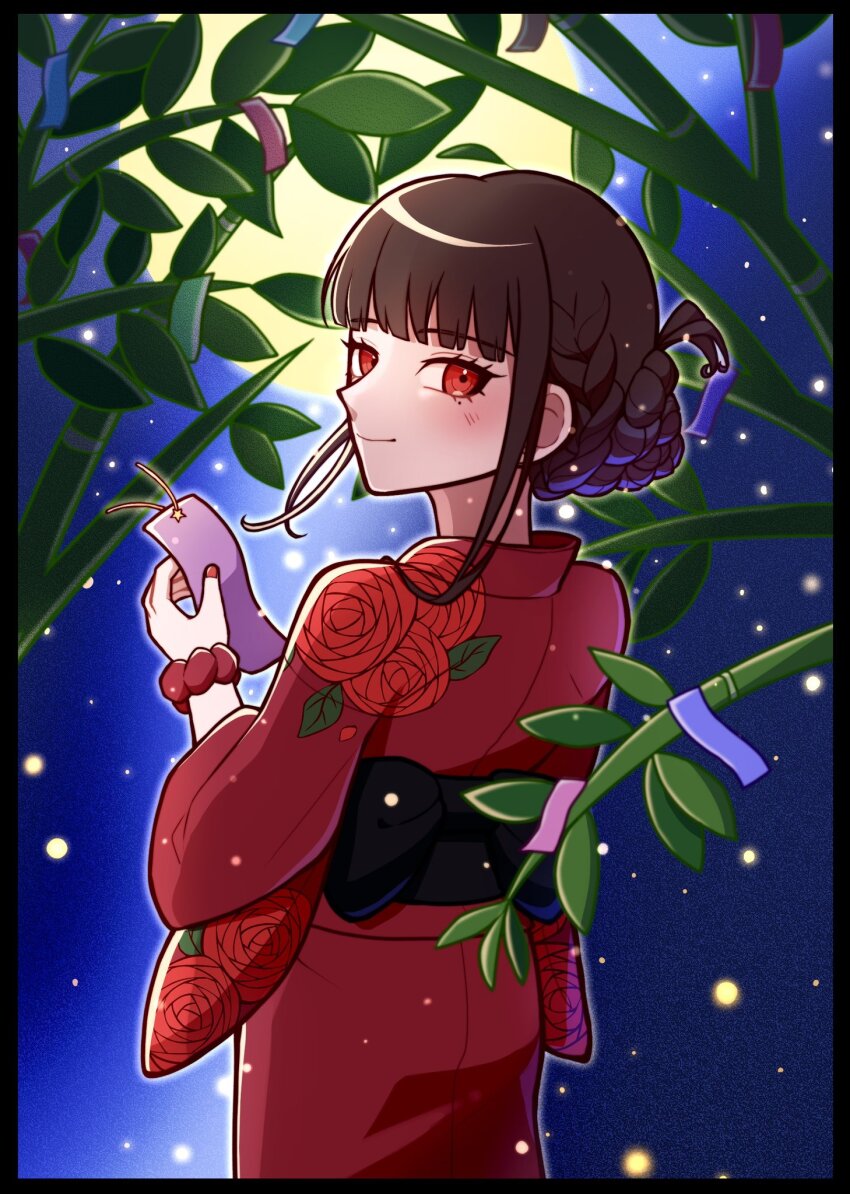 1girl alternate_costume alternate_hairstyle ass bamboo black_border blush border braid danganronpa_(series) danganronpa_v3:_killing_harmony floral_print from_behind hand_up harukawa_maki highres holding japanese_clothes kimono kirin_(suzoke_1) looking_back mole mole_under_eye moon night obi outdoors print_kimono red_eyes red_kimono red_nails rose_print sash scrunchie smile standing wrist_scrunchie