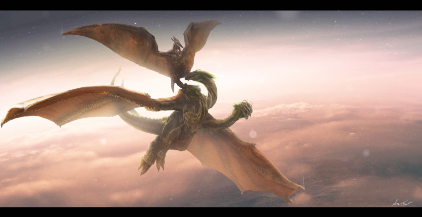 above_clouds absurdres aerial_battle alien battle cloud dragon epic flying giant giant_monster godzilla_(series) highres hydra inkveil-matter kaiju king_ghidorah letterboxed monster multiple_heads no_humans pterosaur realistic rodan toho wings