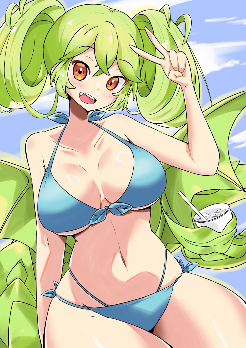 1girl absurdres alternate_costume bikini blue_bikini breasts cleavage cup dragon_girl dragon_tail dragon_wings drill_hair duel_monster green_hair highres kamo_(riverside_kamo) large_breasts midriff navel orange_eyes parlor_dragonmaid smile solo swimsuit tail twintails v wings yu-gi-oh!