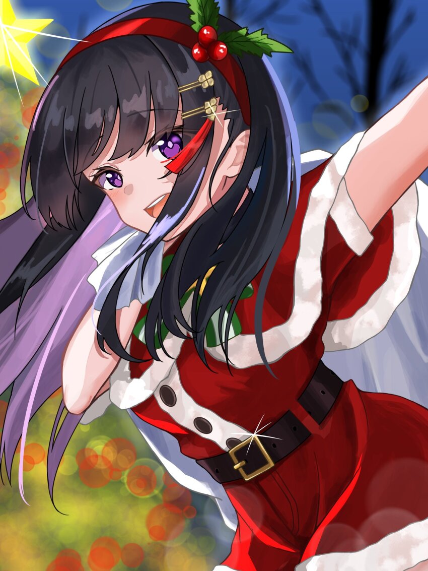 1girl black_hair breasts capelet christmas dress e69465 fur-trimmed_capelet fur_trim hair_ornament heaven_burns_red highres long_hair nikaidou_misato purple_eyes santa_costume santa_dress sidelocks smile solo straight_hair tassel tassel_hair_ornament